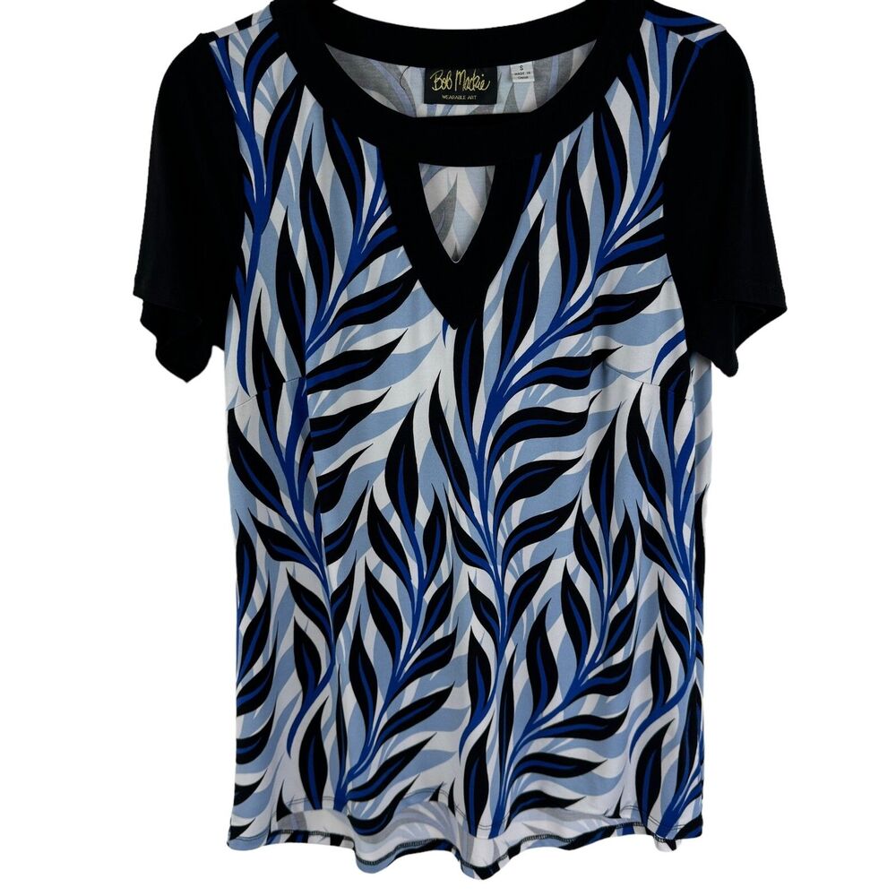Bob Mackie Blouse Tunic Top Size Small Blue/Black Print Short Sleeves